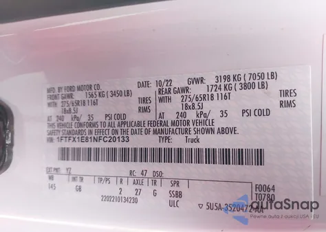 2022 Ford F-150 Xl z USA, uszkodzony, nr VIN 1FTFX1E81NFC20133